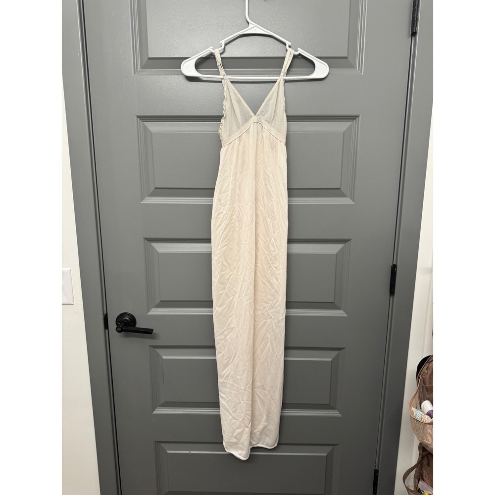 Vintage Lady Lynne Cream Ivory Full Length Slip Dress Sheer Mesh Lace Trim Slit